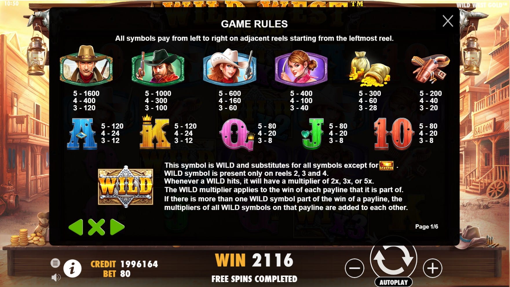 Wild West Gold Slots Paytable