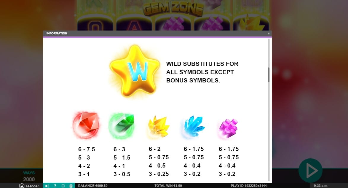 Gem Zone Dynamic Ways Slot Paytable