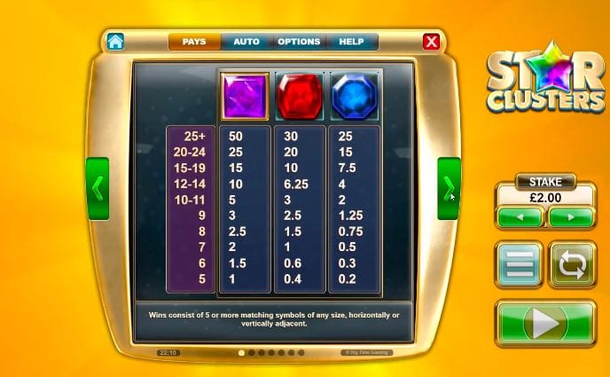 Star Clusters Slot Paytable